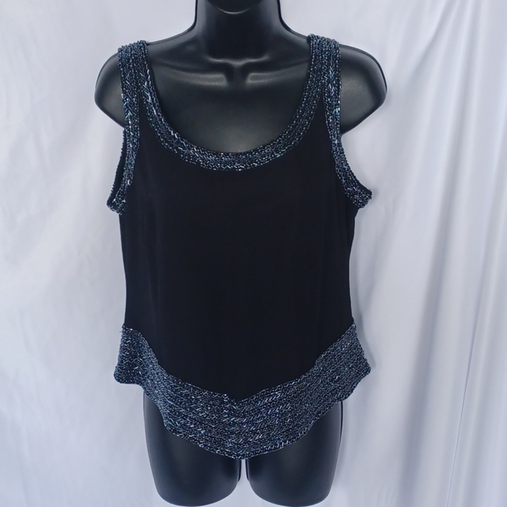 Metro style beaded formal sleeveless tank, black with gunmetal beads, back zip